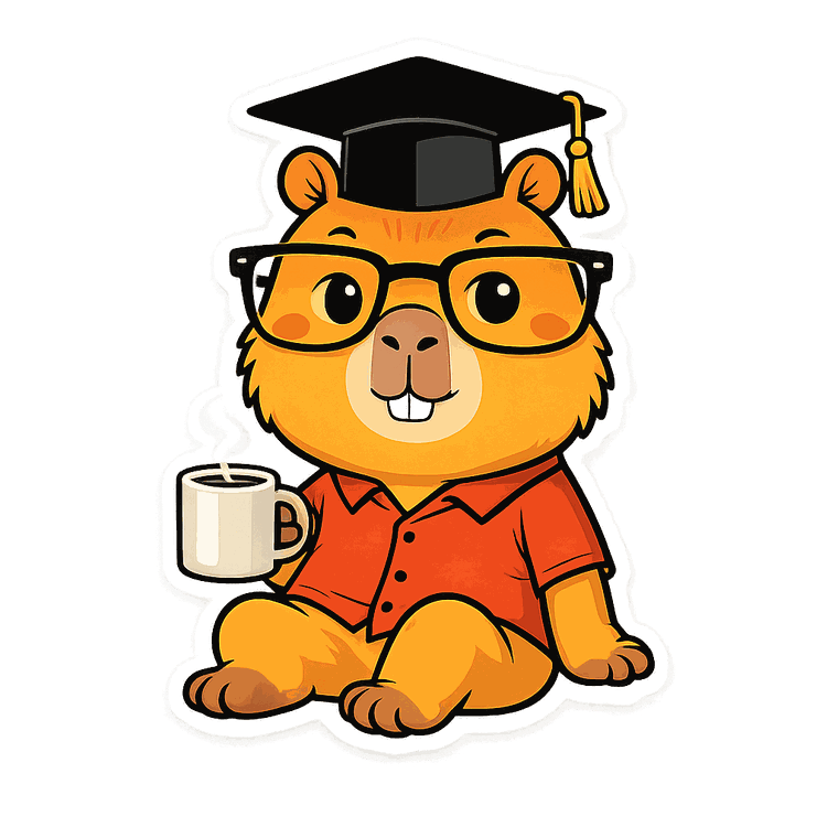 Capicoach, o mascote do CIIS Hub, com beca de formatura e uma xícara de café